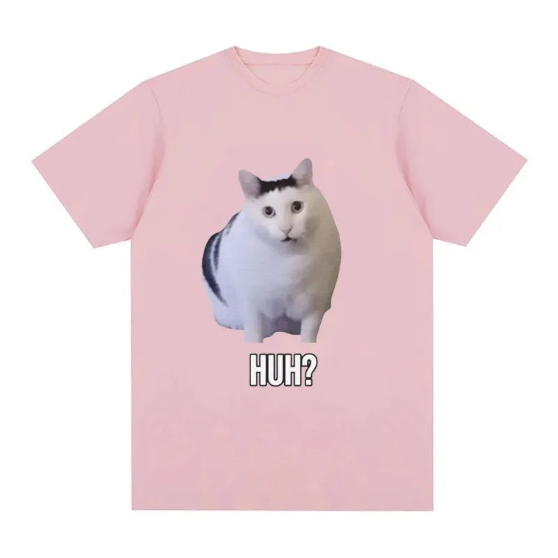 Cat Saying Huh? Funny Meme T-shirt Men Women 100% Cotton Breathable Short Sleeve Oversized T Shirts Fashion Harajuku Tee Shirt