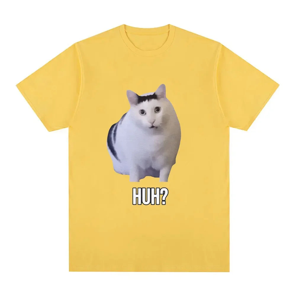 Cat Saying Huh? Funny Meme T-shirt Men Women 100% Cotton Breathable Short Sleeve Oversized T Shirts Fashion Harajuku Tee Shirt