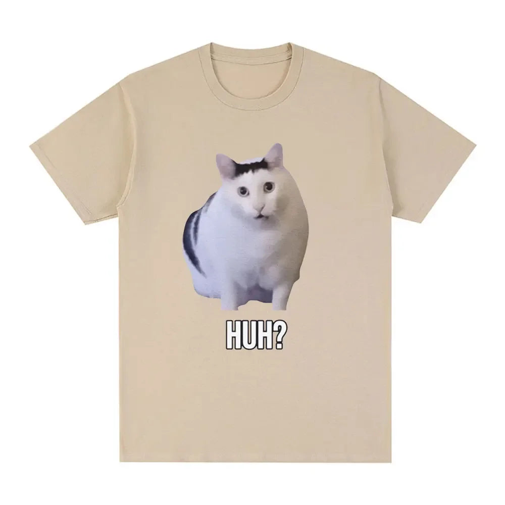 Cat Saying Huh? Funny Meme T-shirt Men Women 100% Cotton Breathable Short Sleeve Oversized T Shirts Fashion Harajuku Tee Shirt