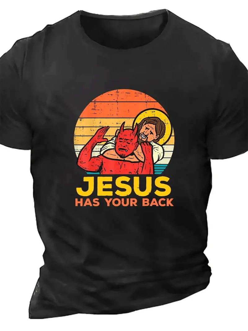 Plus Size Trendy Tees, 'Jesus Has Your Back' Print Men's Casual Short Sleeve T-Shirt Tops, Men's Clothing For Summer