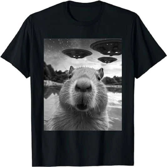 Funny Graphic Tee Capybara Selfie with UFOs Weird T-Shirt 80154