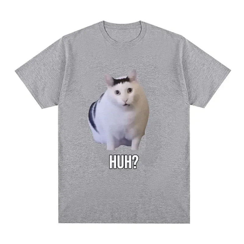 Cat Saying Huh? Funny Meme T-shirt Men Women 100% Cotton Breathable Short Sleeve Oversized T Shirts Fashion Harajuku Tee Shirt